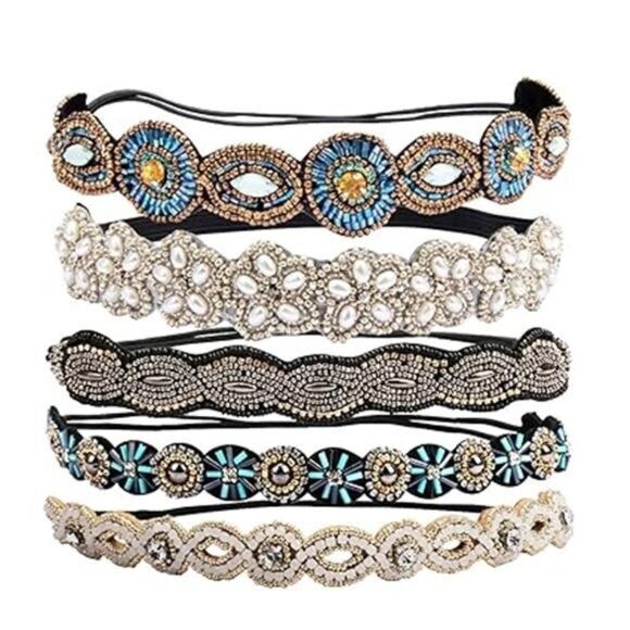 5 Pieces Rhinestone Elastic Headbands Handmade Crystal Beaded Hairbands - Picture 7 of 14